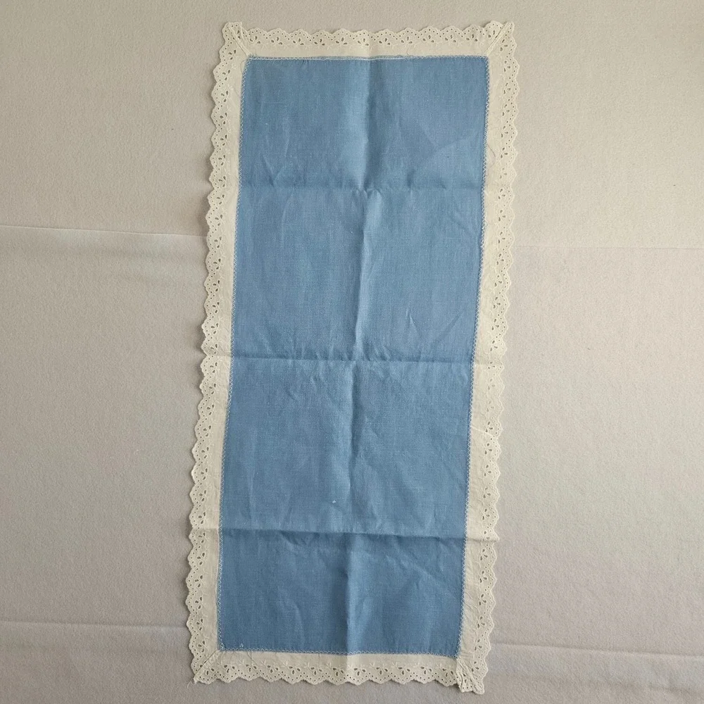 Vintage Blue Tablecloth Runner Napkin Set Floral‎ Embroidery Eyelet Lace 4pc